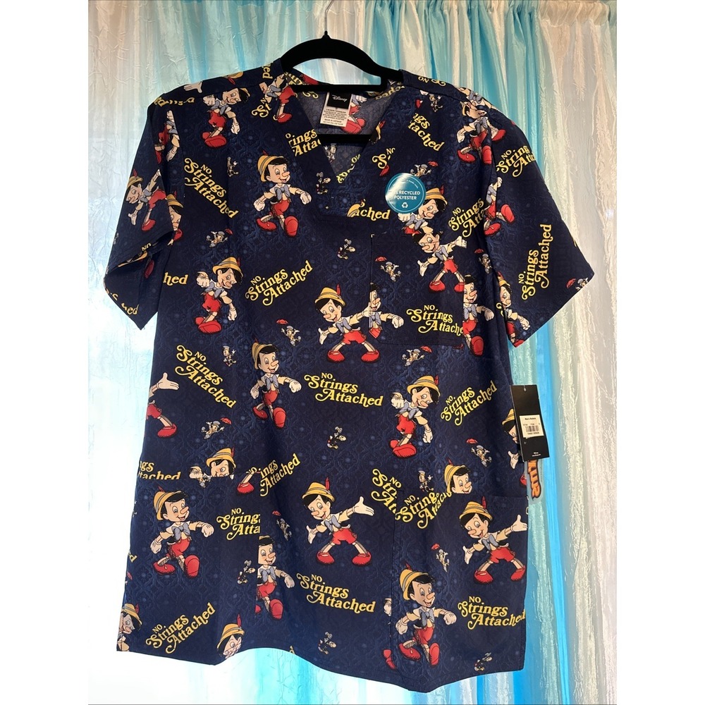 Pinocchio Navy Scrubs‎ Disney Tooniforms Mens V Neck Top Sz Small NWT